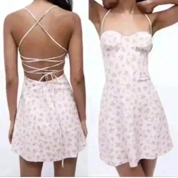 NWT Zara Printed sweetheart floral purple pink yellow Linen Blend Dress SZ small - Picture 1 of 16